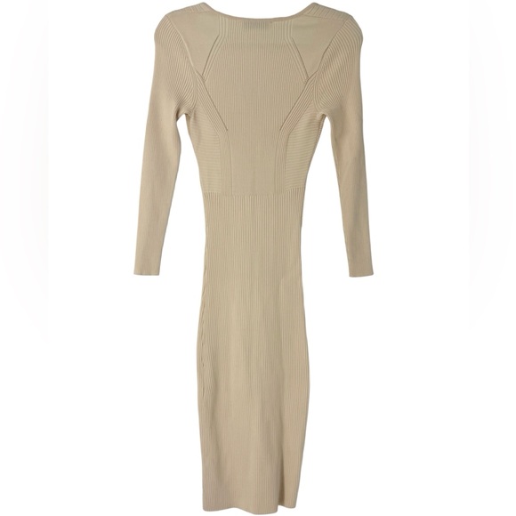 Rare Zara Ecru Ribbed Knit Midi Dress Sculpting Long Sleeve Bodycon Cream Beige - Picture 8 of 14